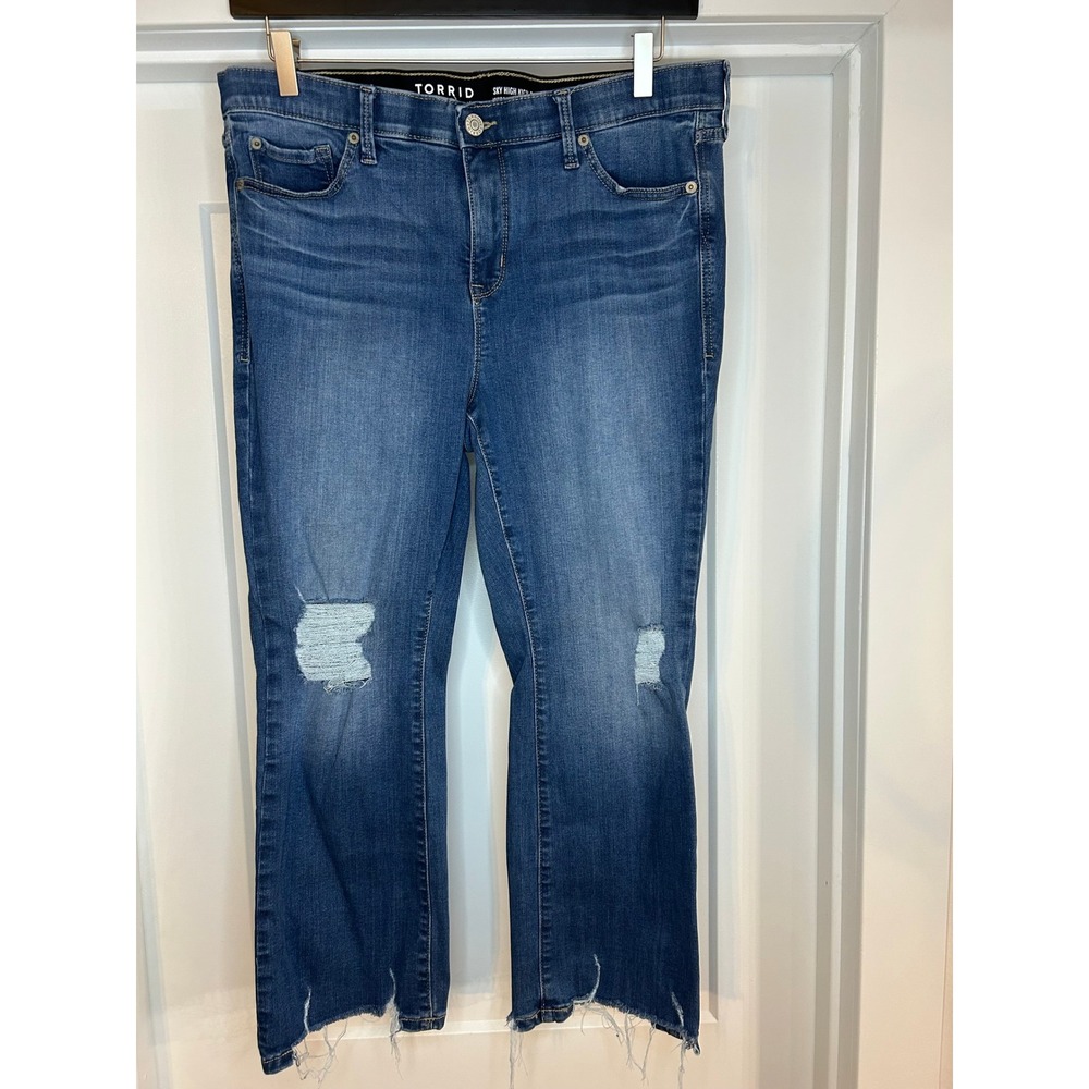 Torrid Sky High Kick Boot Super Soft Jeans Distressed Raw Hem Blue 14 41955348